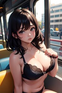 anime,chubby,small tits,60s age,serious face,brunette,messy hair style,dark skin,cyberpunk,bus,close-up view,working out,lingerie