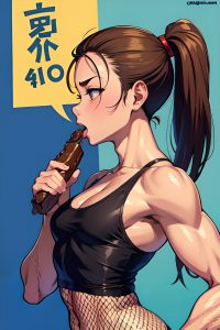 anime,muscular,small tits,70s age,ahegao face,brunette,ponytail hair style,dark skin,comic,prison,side view,eating,fishnet