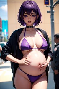 anime,pregnant,small tits,40s age,ahegao face,purple hair,pixie hair style,dark skin,cyberpunk,club,close-up view,jumping,bikini
