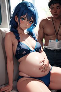 anime,pregnant,small tits,18 age,serious face,blue hair,braided hair style,dark skin,charcoal,train,close-up view,cumshot,teacher