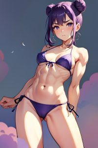 anime,muscular,small tits,40s age,sad face,purple hair,hair bun hair style,dark skin,watercolor,moon,front view,on back,bikini