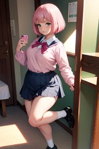 anime,chubby,small tits,60s age,serious face,pink hair,bobcut hair style,light skin,mirror selfie,lake,side view,jumping,schoolgirl