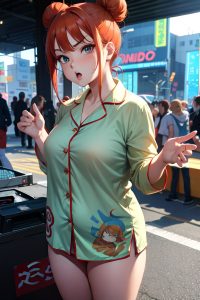 anime,chubby,small tits,60s age,angry face,ginger,hair bun hair style,light skin,cyberpunk,stage,close-up view,on back,pajamas