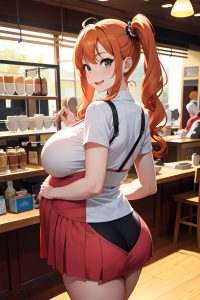 anime,pregnant,huge boobs,60s age,happy face,ginger,pigtails hair style,light skin,warm anime,cafe,back view,massage,mini skirt