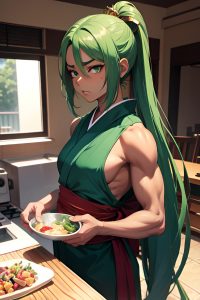 anime,muscular,small tits,18 age,sad face,green hair,slicked hair style,dark skin,illustration,mall,side view,cooking,kimono