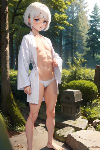 anime,muscular,small tits,40s age,shocked face,white hair,bobcut hair style,light skin,soft anime,forest,close-up view,bending over,bathrobe