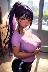 anime,chubby,small tits,80s age,pouting lips face,purple hair,ponytail hair style,dark skin,watercolor,office,front view,on back,latex