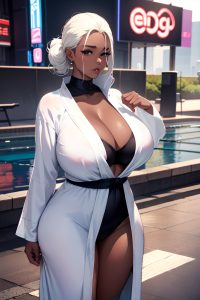 anime,chubby,huge boobs,70s age,pouting lips face,white hair,slicked hair style,dark skin,cyberpunk,pool,side view,t-pose,bathrobe