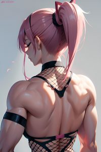 anime,muscular,small tits,18 age,sad face,pink hair,ponytail hair style,light skin,black and white,cave,back view,sleeping,fishnet
