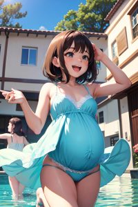 anime,pregnant,small tits,18 age,laughing face,brunette,pixie hair style,light skin,soft anime,yacht,back view,jumping,lingerie