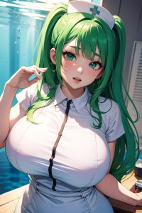 anime,chubby,huge boobs,18 age,ahegao face,green hair,slicked hair style,light skin,painting,underwater,close-up view,jumping,nurse