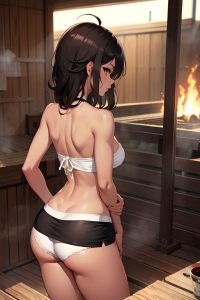 anime,skinny,small tits,50s age,angry face,brunette,messy hair style,dark skin,painting,sauna,back view,cooking,mini skirt