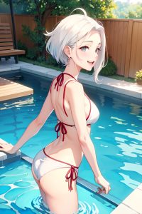 anime,busty,small tits,30s age,laughing face,white hair,slicked hair style,light skin,watercolor,pool,back view,plank,bikini