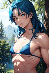 anime,muscular,small tits,70s age,happy face,blue hair,messy hair style,light skin,illustration,forest,close-up view,working out,bikini