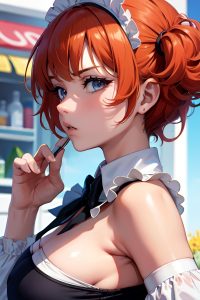 anime,busty,small tits,80s age,serious face,ginger,pixie hair style,light skin,skin detail (beta),grocery,close-up view,on back,maid