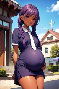 anime,pregnant,small tits,60s age,happy face,purple hair,braided hair style,dark skin,comic,church,front view,massage,schoolgirl