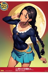 anime,muscular,small tits,60s age,shocked face,black hair,braided hair style,dark skin,film photo,moon,close-up view,bending over,mini skirt