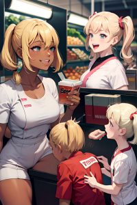 anime,muscular,small tits,80s age,laughing face,blonde,pigtails hair style,dark skin,charcoal,grocery,side view,straddling,nurse