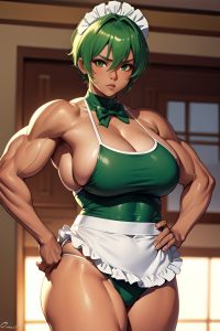 anime,muscular,huge boobs,60s age,sad face,green hair,pixie hair style,dark skin,soft anime,stage,front view,working out,maid