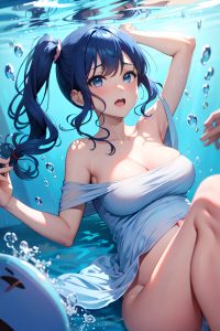anime,pregnant,small tits,30s age,orgasm face,blue hair,pigtails hair style,dark skin,comic,underwater,close-up view,on back,teacher
