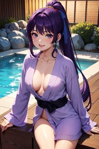 anime,busty,small tits,30s age,happy face,purple hair,ponytail hair style,light skin,soft anime,onsen,front view,on back,bathrobe
