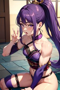 anime,muscular,small tits,18 age,shocked face,purple hair,ponytail hair style,light skin,soft anime,bar,close-up view,straddling,geisha