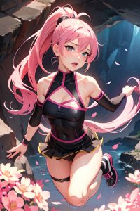 anime,busty,small tits,30s age,orgasm face,pink hair,ponytail hair style,dark skin,illustration,cave,front view,jumping,goth