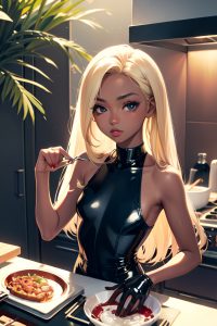anime,skinny,small tits,50s age,pouting lips face,blonde,straight hair style,dark skin,watercolor,oasis,front view,cooking,latex