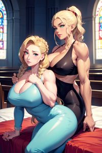 anime,muscular,huge boobs,50s age,pouting lips face,blonde,braided hair style,light skin,illustration,church,front view,massage,pajamas