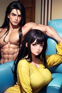 anime,muscular,huge boobs,70s age,pouting lips face,black hair,straight hair style,light skin,dark fantasy,couch,front view,jumping,pajamas