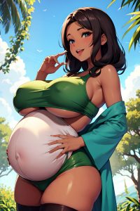anime,pregnant,huge boobs,40s age,happy face,brunette,pixie hair style,dark skin,soft + warm,jungle,front view,t-pose,stockings