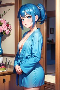 anime,chubby,small tits,60s age,pouting lips face,blue hair,pixie hair style,light skin,painting,wedding,front view,on back,bathrobe