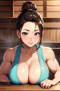 anime,muscular,huge boobs,50s age,happy face,brunette,hair bun hair style,light skin,warm anime,sauna,front view,plank,nurse