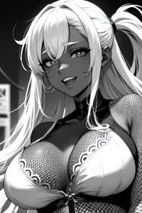 anime,skinny,huge boobs,60s age,laughing face,ginger,slicked hair style,dark skin,black and white,street,close-up view,gaming,fishnet