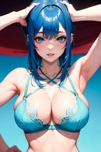 anime,skinny,huge boobs,30s age,happy face,blue hair,bangs hair style,light skin,watercolor,desert,close-up view,gaming,bra