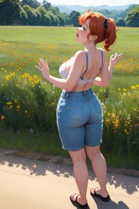 anime,chubby,small tits,40s age,ahegao face,ginger,pixie hair style,light skin,vintage,meadow,back view,bending over,bra