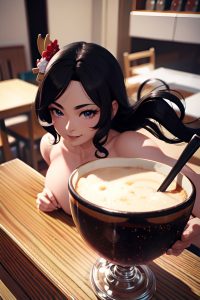 anime,muscular,small tits,60s age,happy face,black hair,messy hair style,dark skin,3d,cafe,close-up view,jumping,geisha