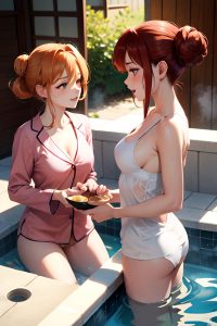 anime,busty,small tits,20s age,orgasm face,ginger,hair bun hair style,light skin,warm anime,hot tub,side view,bathing,pajamas