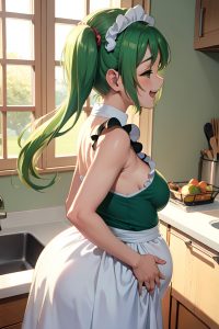 anime,pregnant,small tits,30s age,laughing face,green hair,pigtails hair style,light skin,soft + warm,kitchen,back view,jumping,maid