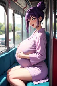 anime,pregnant,small tits,60s age,laughing face,purple hair,hair bun hair style,light skin,vintage,bus,side view,yoga,bathrobe
