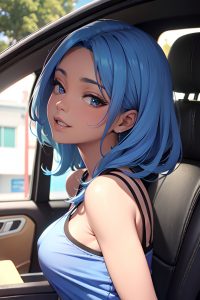 anime,busty,small tits,30s age,happy face,blue hair,straight hair style,dark skin,skin detail (beta),car,side view,on back,teacher