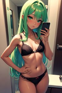 anime,busty,small tits,30s age,pouting lips face,green hair,messy hair style,dark skin,mirror selfie,changing room,front view,sleeping,geisha
