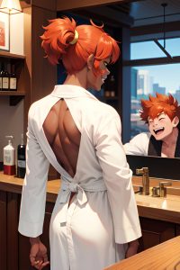 anime,muscular,small tits,80s age,laughing face,ginger,pixie hair style,dark skin,comic,restaurant,back view,plank,bathrobe