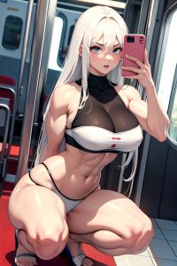 anime,muscular,huge boobs,20s age,orgasm face,white hair,straight hair style,light skin,mirror selfie,bus,side view,squatting,bra