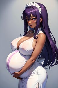 anime,pregnant,huge boobs,40s age,orgasm face,purple hair,straight hair style,dark skin,watercolor,party,front view,on back,maid