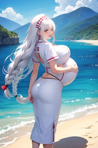 anime,pregnant,huge boobs,18 age,laughing face,white hair,braided hair style,light skin,watercolor,beach,back view,on back,nurse