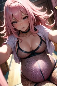 anime,pregnant,small tits,80s age,pouting lips face,pink hair,messy hair style,dark skin,comic,church,close-up view,straddling,fishnet