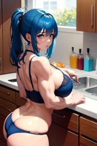 anime,muscular,huge boobs,60s age,sad face,blue hair,bangs hair style,dark skin,soft anime,kitchen,back view,eating,bra