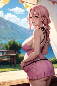 anime,pregnant,huge boobs,40s age,ahegao face,pink hair,braided hair style,dark skin,vintage,tent,back view,plank,mini skirt