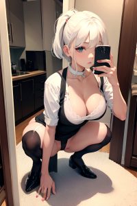 anime,busty,small tits,50s age,shocked face,white hair,bangs hair style,dark skin,mirror selfie,kitchen,close-up view,squatting,stockings